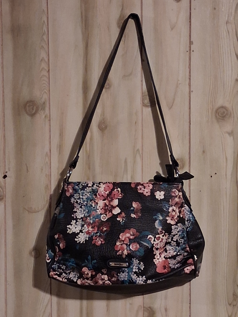 MultiSac Floral Shoulder Bag in Black with Pink & Blue Accents
